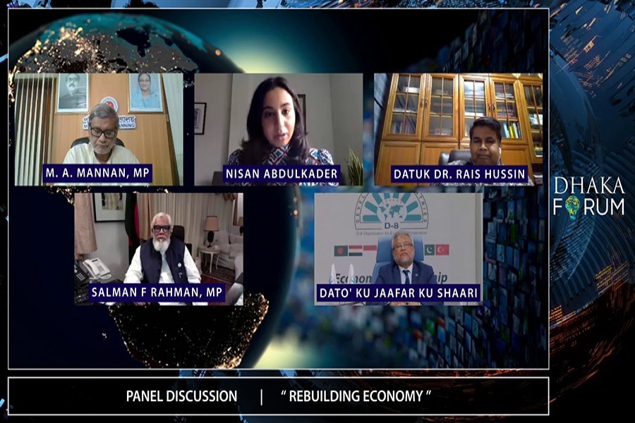 Speakers at a session of the virtual conference of Dhaka Forum in the city on Sunday