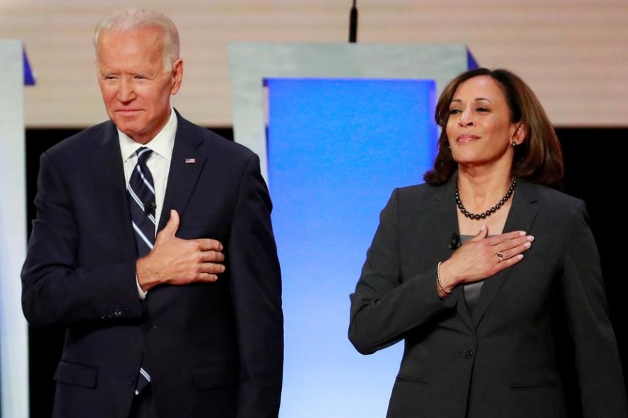 Former US Vice President Joe Biden and Senator Kamala Harris take the stage before the start of the second night of the second US 2020 presidential Democratic candidates debate in Detroit, Michigan, US on July 31, 2019 — Reuters/Files