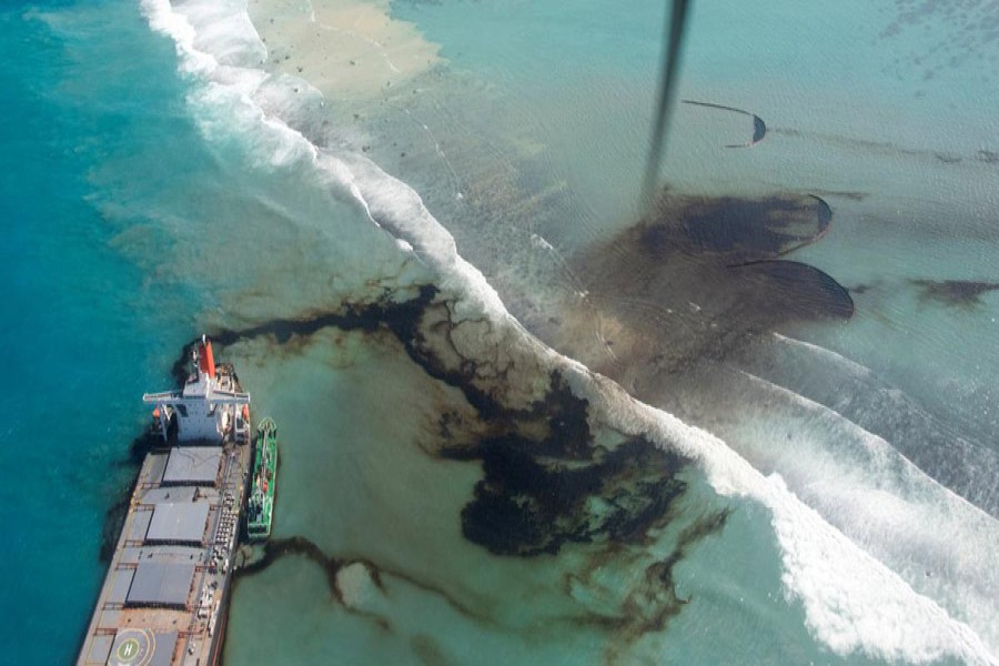 FILE PHOTO: A general view shows the bulk carrier ship MV Wakashio, that ran aground on a reef, at Riviere des Creoles, Mauritius, in this handout image obtained by Reuters on August 11, 2020. French Army command/Handout via REUTERS