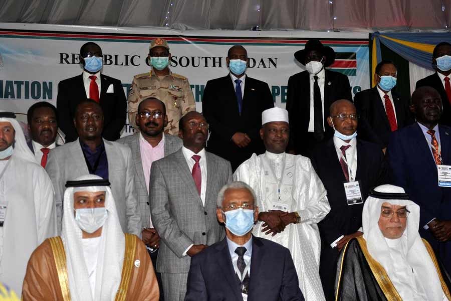 Delegates posing for a photograph during the signing of a peace agreement between Sudan's power-sharing government and key rebel groups, a significant step towards resolving deep-rooted conflicts that raged under former leader Omar al-Bashir, in Juba, South Sudan on Monday –Reuters Photo