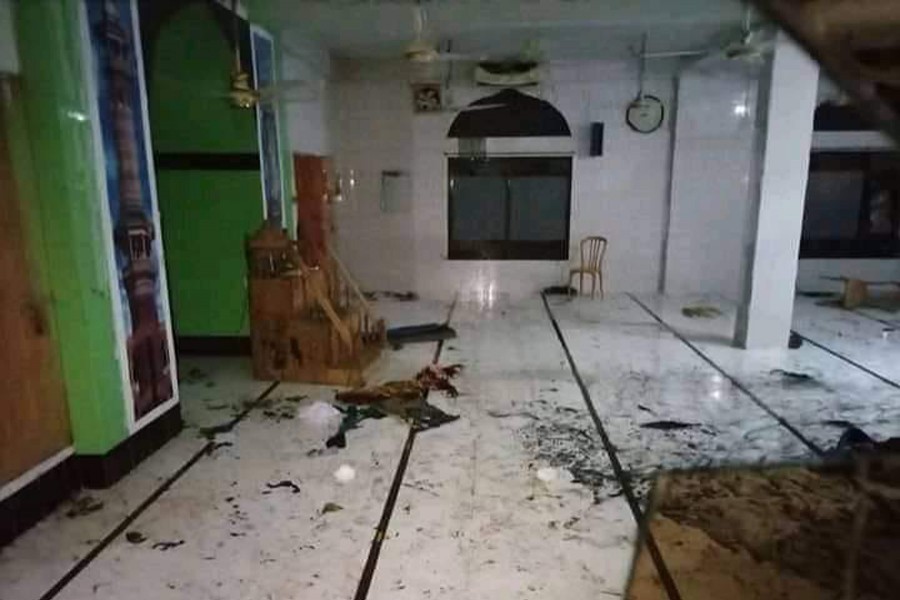 Blood seen scattered on the floor of Baitus Salah Jame Mosque in Narayanganj after six air conditioners exploded during Isha prayers on Friday. Photo source: Social Media