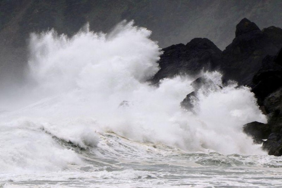 High waves triggered by Typhoon Haishen crash against the coast of Amami Oshima island, Kagoshima prefecture, Japan September 5, 2020. Kyodo via REUTERS