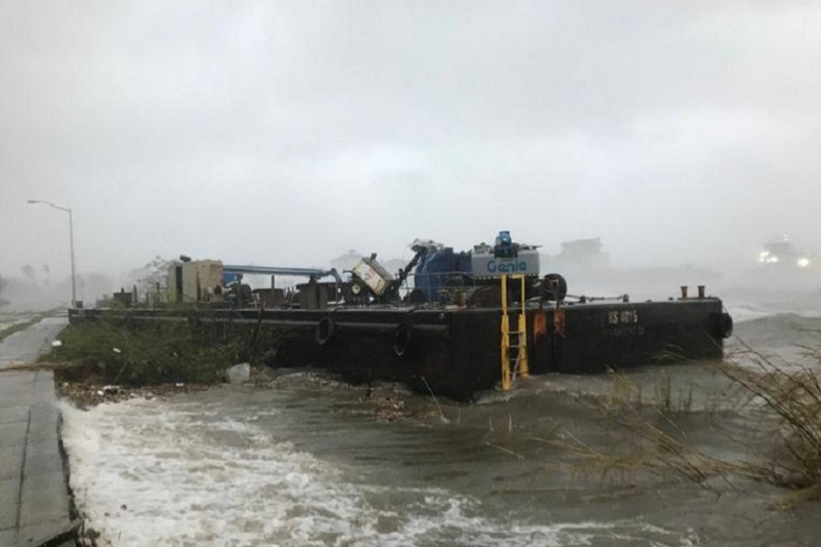 A Skanska company barge run aground along Bayfront Parkway from winds of Hurricane Sally is seen in Pensacola, Florida, US, September 16, 2020 — Tony Giberson/News-Journal/USA Today Network via Reuters