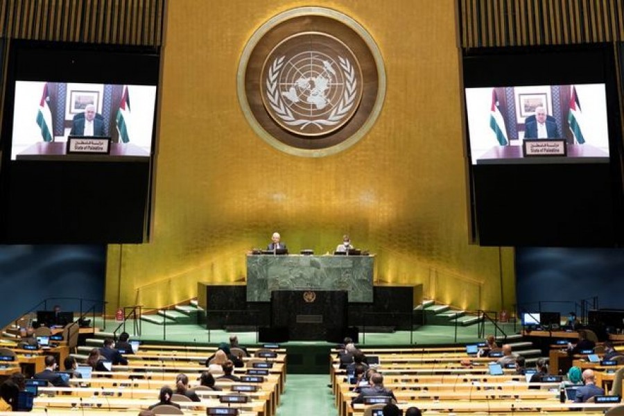 Palestinian President Mahmoud Abbas speaks virtually during the 75th annual UN General Assembly, which is being held mostly virtually due to the coronavirus disease (Covid-19) pandemic in the Manhattan borough of New York City, New York, US, September 25, 2020. United Nations/Handout via REUTERS