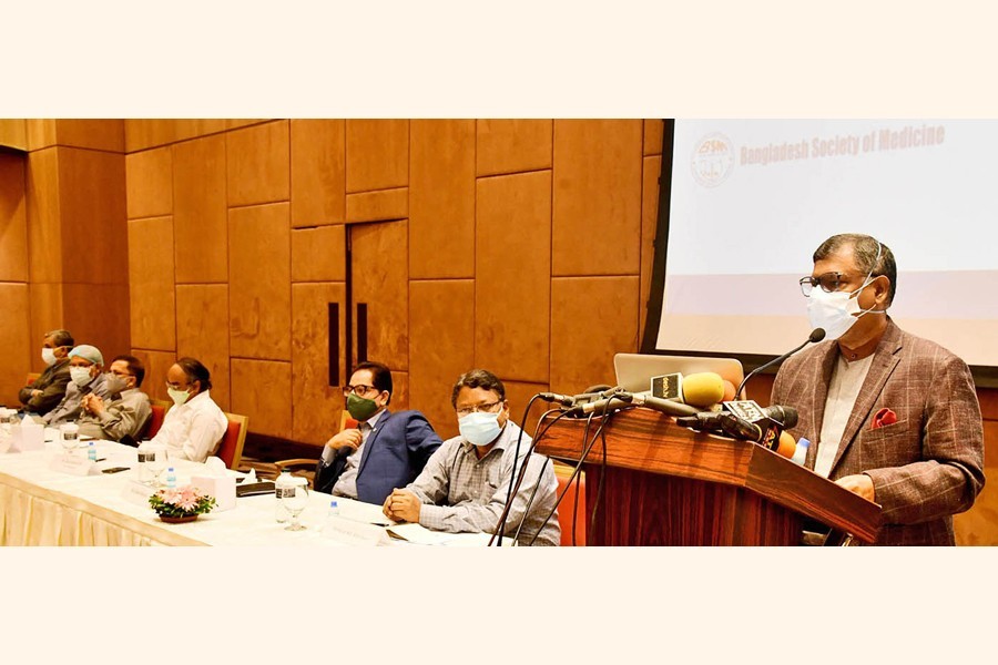 Health and Family Welfare Minister Zahid Malik speaking at a programme organised by Bangladesh Society of Medicine at a city hotel on Sunday — PID