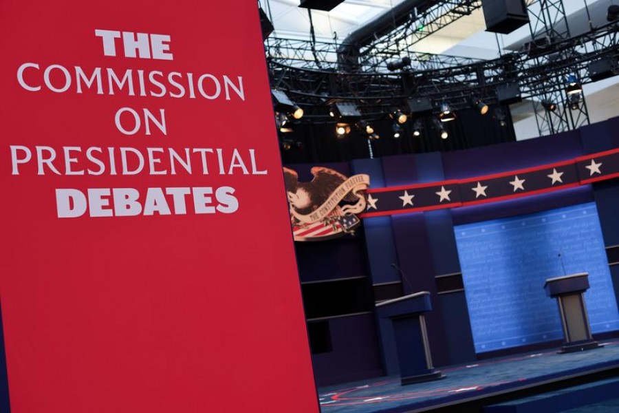 The stage awaits the first presidential debate between US President Donald Trump and Democratic US presidential nominee and former Vice President Joe Biden on the campus of the Cleveland Clinic in Cleveland, Ohio, US, September 28, 2020 — Reuters