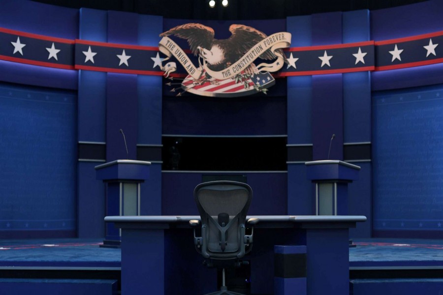 The stage awaits the first presidential debate between US President Donald Trump and Democratic US presidential nominee and former Vice President Joe Biden on the campus of the Cleveland Clinic in Cleveland, Ohio, US September 28, 2020. REUTERS/Jonathan Ernst