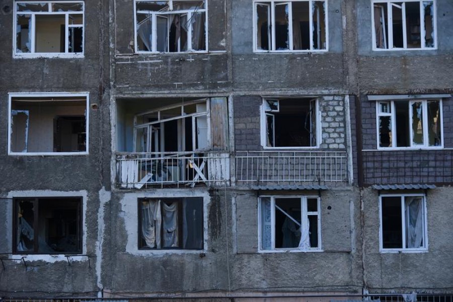 A view shows an apartment building that was allegedly damaged by recent shelling during a military conflict over the breakaway region of Nagorno-Karabakh in Stepanakert, October 3, 2020 — Reuters