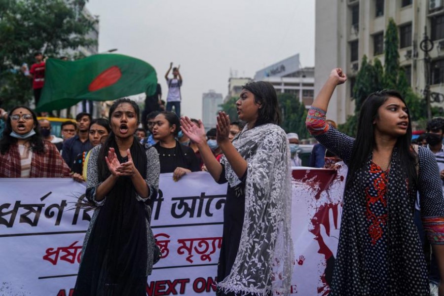 Students protest against an alleged gang-rape and brutal torture of a woman in the southern district of Noakhali, in Dhaka, Bangladesh on October 8, 2020 — AP/Files