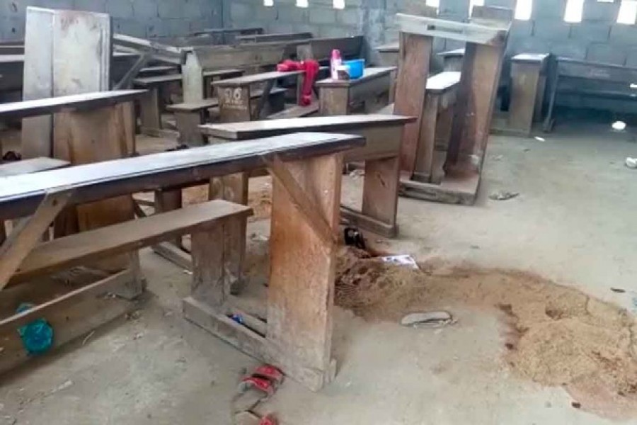 An empty clasroom is seen following a shooting at a school in Kumba, Cameroon October 24, 2020 in this screen grab obtained from a social media video. Tamfu Ciduan Ndimbie/My Media Prime TV/via REUTERS