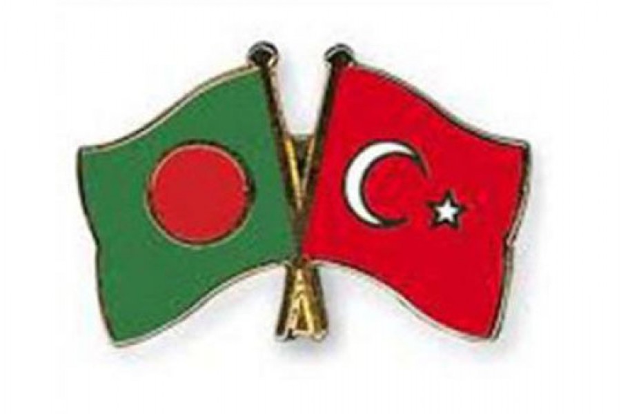 Flags of Bangladesh and Turkey are seen cross-pinned in this photo symbolising friendship between the two nations