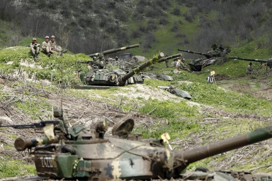 Servicemen of the self-defence army of Nagorno-Karabakh rest at their positions near the village of Mataghis — Reuters/Files