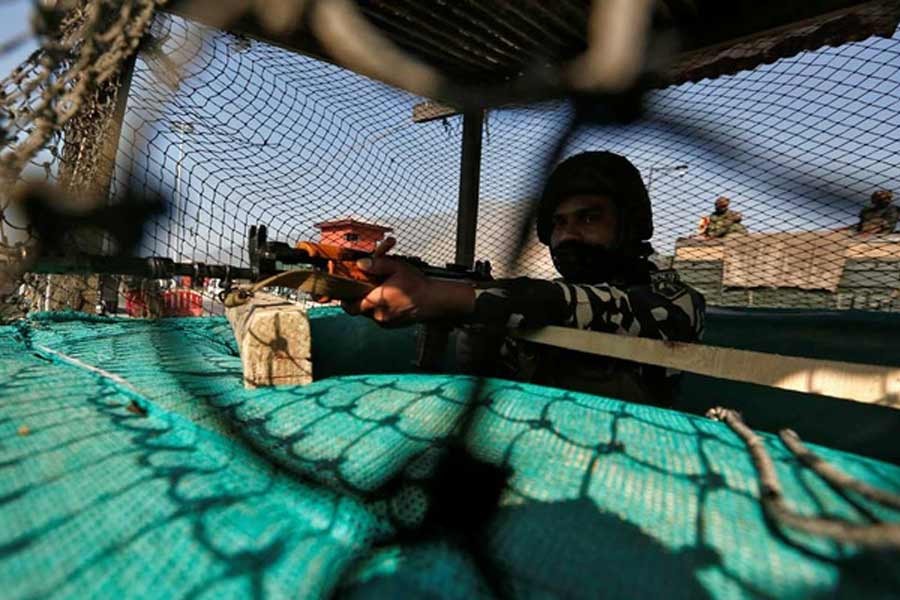 An Indian security forces personnel keeping guard inside a bunker after suspected militants attacked a Central Reserve Police Force (CRPF) patrolling party near Pampore, on the outskirts of Srinagar, this month –Reuters Photo