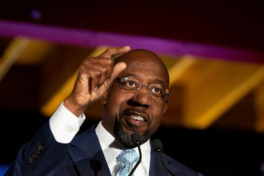 Democratic US Senate candidate Rev. Raphael Warnock speaks during an Election Night event in Atlanta, Georgia, November 03, 2020 — Reuters