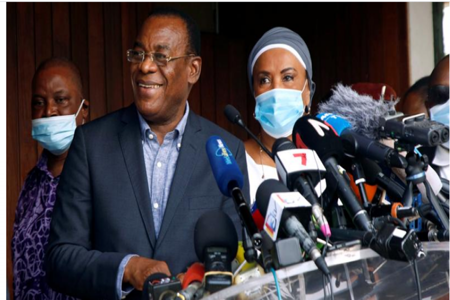 FILE PHOTO: Pascal Affi N'Guessan, president of Ivorian Popular Front (FPI) and presidential candidate, shares a laugh during an opposition coalition news conference after the election in Abidjan, Ivory Coast November 1, 2020. REUTER/Luc Gnago