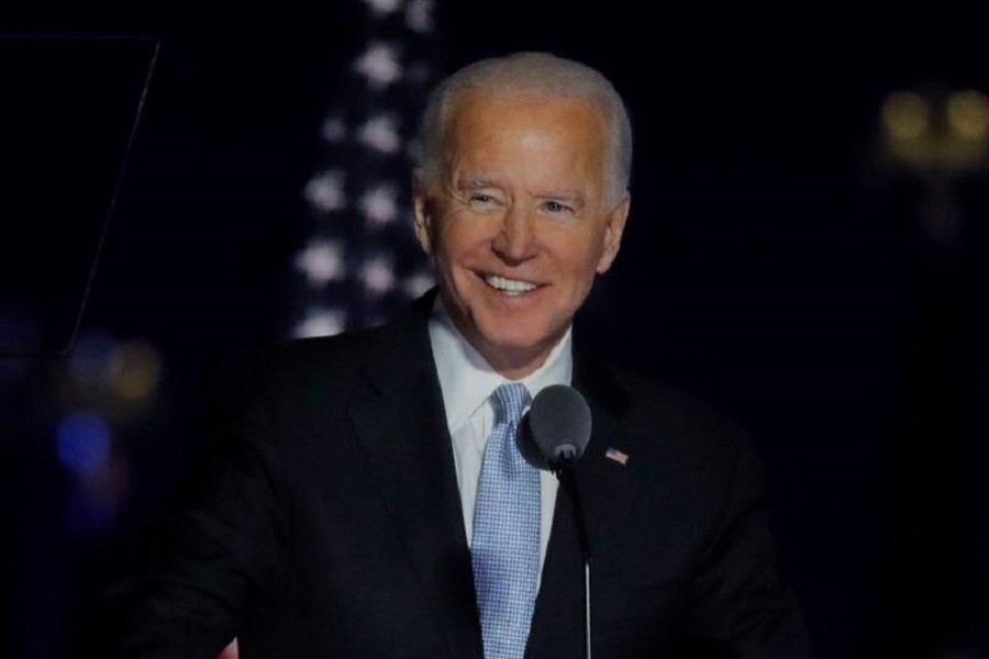 Democratic 2020 US presidential nominee Joe Biden speaks at his election rally, after the news media announced that Biden has won the 2020 US presidential election over President Donald Trump, in Wilmington, Delaware, US, November 7, 2020 — Reuters