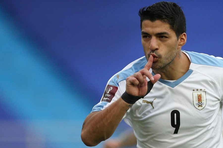 Uruguay's Luis Suarez celebrates scoring their second goal during clash against Colombia on November 13, 2020 — Reuters photo