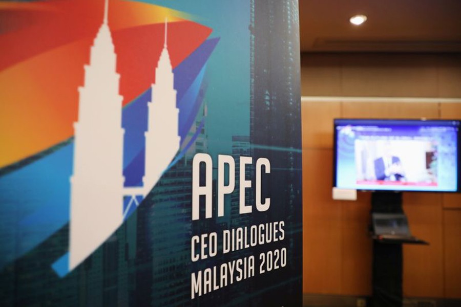 A logo of APEC CEO Dialogues Malaysia 2020 is pictured at command center, in Kuala Lumpur, Malaysia on November 18, 2020 — Reuters photo