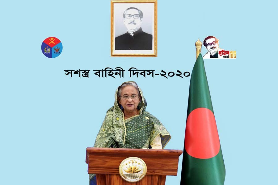 Prime Minister Sheikh Hasina delivering her televised address on the occasion of the Armed Forces Day 2020 on Saturday –PID Photo