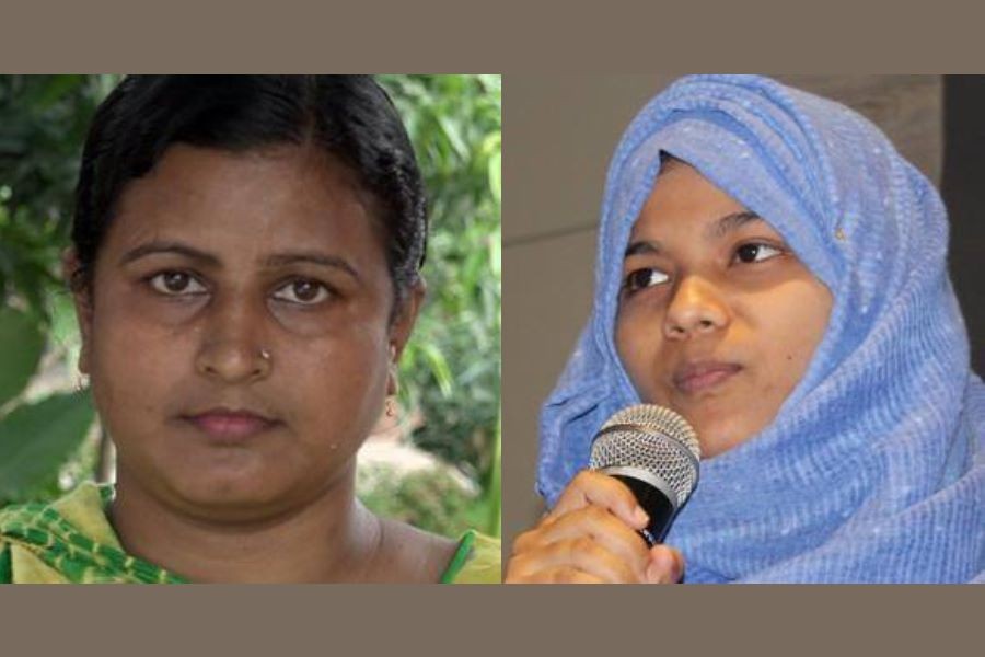 In this combination of photos, Rina Akter, a former sex worker, is seen on the left and Rima Sultana Rimu, a member of Young Women Leaders for Peace in Cox’s Bazar, on the right – BBC