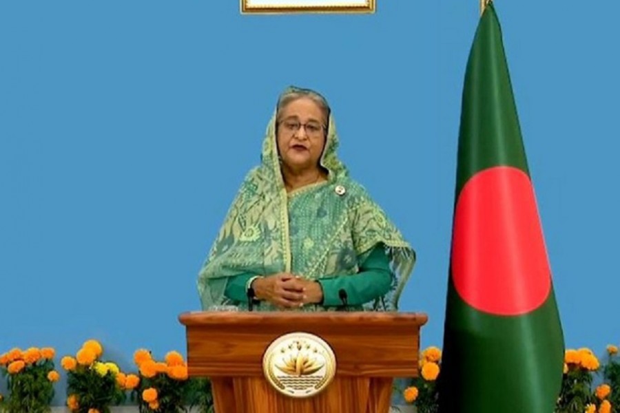 Sheikh Hasina addresses a virtual UN Climate Ambition Summit on Saturday, Dec 12, 2020 to mark the fifth anniversary of the Paris accord. Photo: Screengrab of UN Web TV video