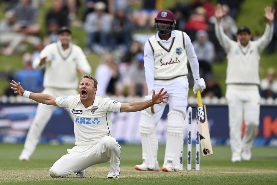 New Zealand's Neil Wagner, second left, appeals unsuccessfully for a LBW decision on the West Indies' Shamarh Brooks, second right, on the third day of their second cricket test at Basin Reserve in Wellington, New Zealand, on Sunday, December 13, 2020 — Photosport via AP