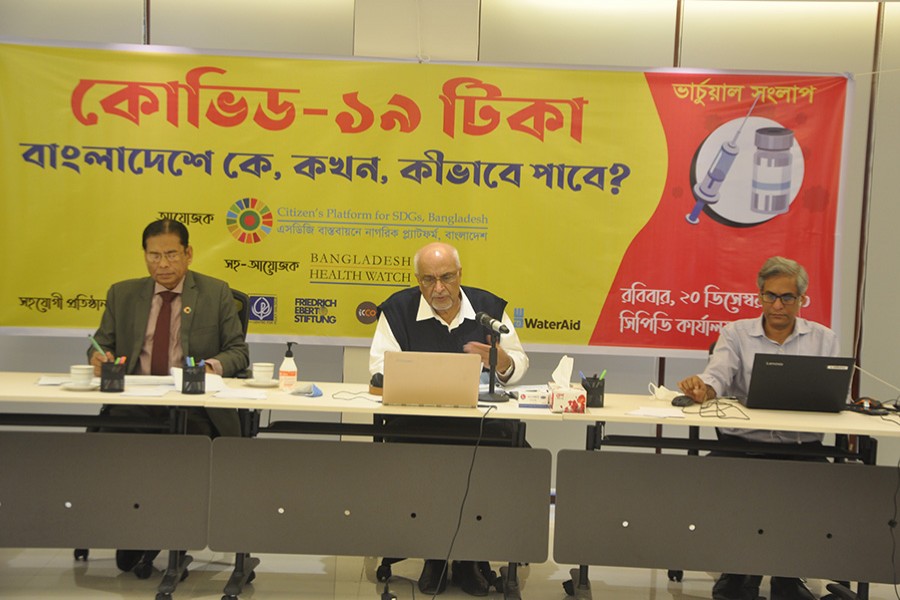 Dr Debapriya Bhattacharya, distinguished fellow of the Centre for Policy Dialogue (CPD), speaking at virtual dialogue on “Access to Covid-19 Vaccine in Bangladesh: Who, When and How?” in the city on Sunday