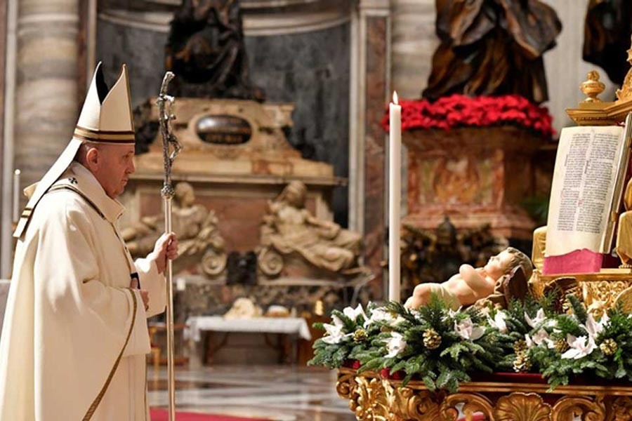 Pope Francis celebrating Christmas Eve mass with only a few faithful able to participate due to the coronavirus disease regulations in order to stop a rise in infections, in St Peter's Basilica at the Vatican, on Thursday –Reuters Photo