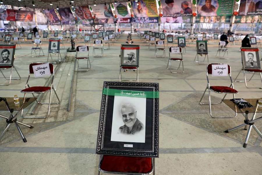 A photo of Qassem Soleimani, is seen during a ceremony on Friday to mark the one year anniversary of the killing of senior Iranian military commander General Qassem Soleimani in a US attack in Tehran last year –Reuters Photo