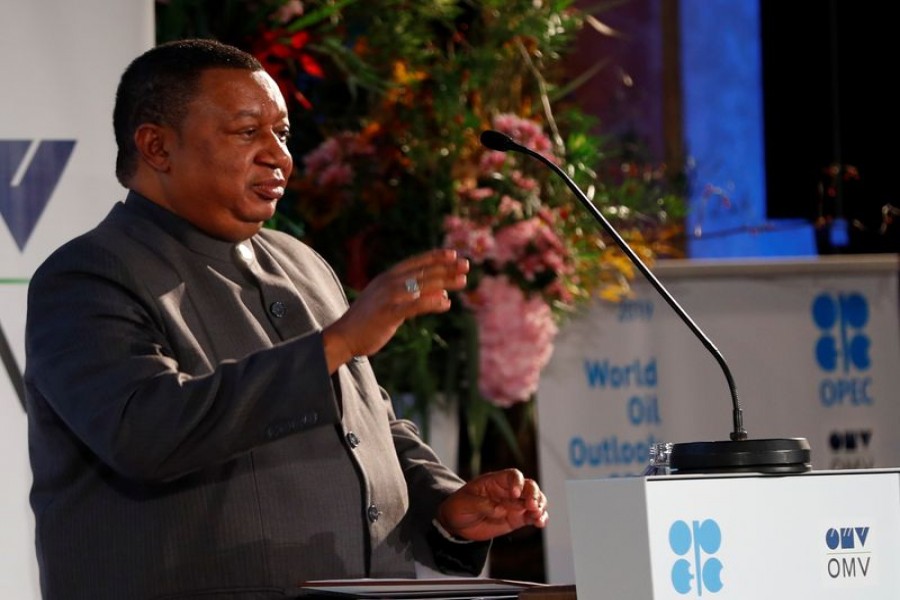 FILE PHOTO: OPEC Secretary General Mohammad Barkindo delivers his speech during the presentation of the World Oil Outlook in Vienna, Austria November 5, 2019. REUTERS/Leonhard Foeger