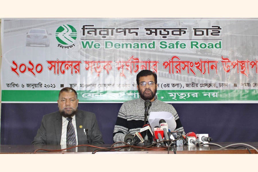 President of Nirapad Sarak Chai Ilias Kanchan speaking at a press conference at the National Press Club in the city on Wednesday — Focus Bangla