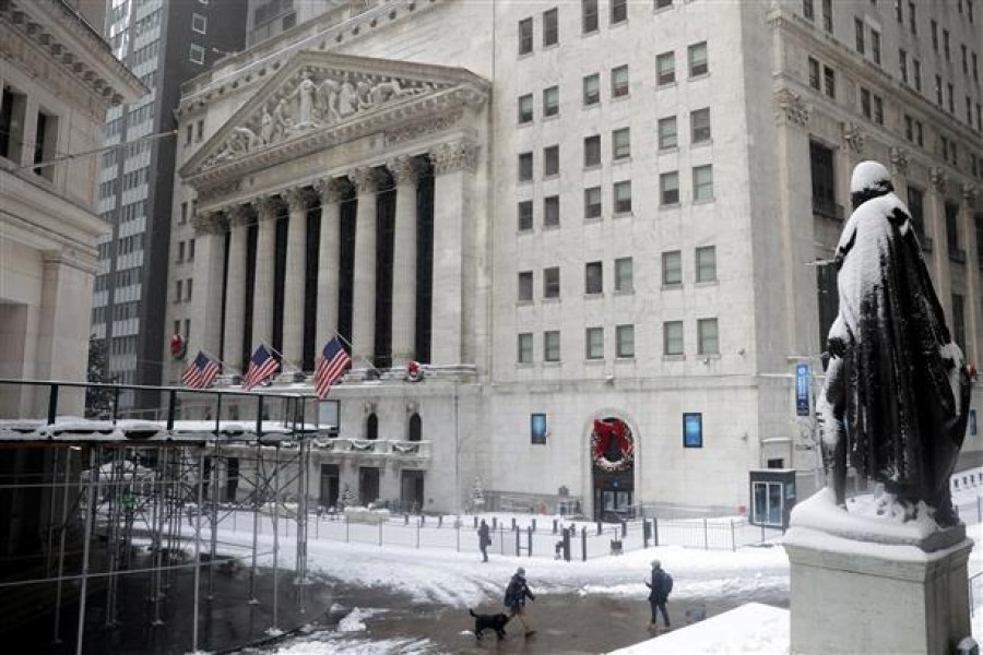 A view of the NYSE building during snowfall in the Financial District of Manhattan, New York City, New York, US on December 17, 2020 — Reuters/Files