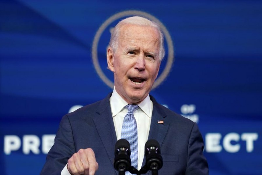 US President-elect Joe Biden speaks about the protests taking place in and around the US Capitol in Washington as the US Congress held a joint session to certify the 2020 election results, at a news conference at his transition headquarters in Wilmington, Delaware, US, January 6, 2021. REUTERS/Kevin Lamarque