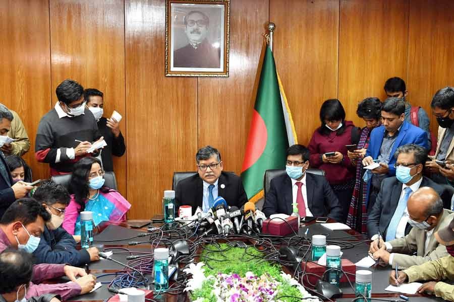 Foreign Secretary Masud Bin Momen addressing a press conference at the foreign ministry after a trilateral virtual meeting among Bangladesh, China and Myanmar on repatriation of Rohingya refugees on Tuesday –PID Photo