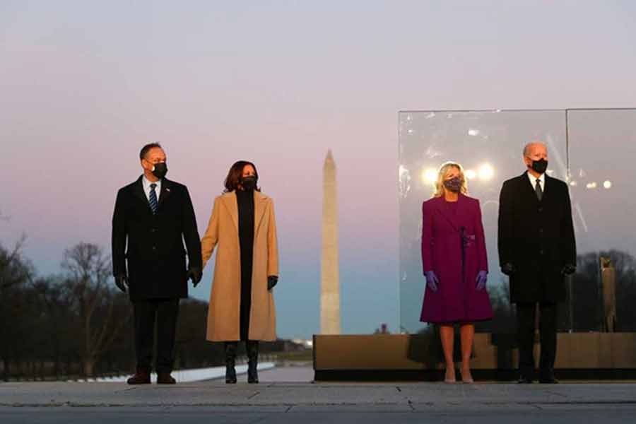 US President-elect Joe Biden, his wife Jill Biden, Vice President-elect Kamala Harris and her husband Doug Emhoff attending a coronavirus disease memorial event at the Lincoln Memorial in Washington on Tuesday –Reuters Photo