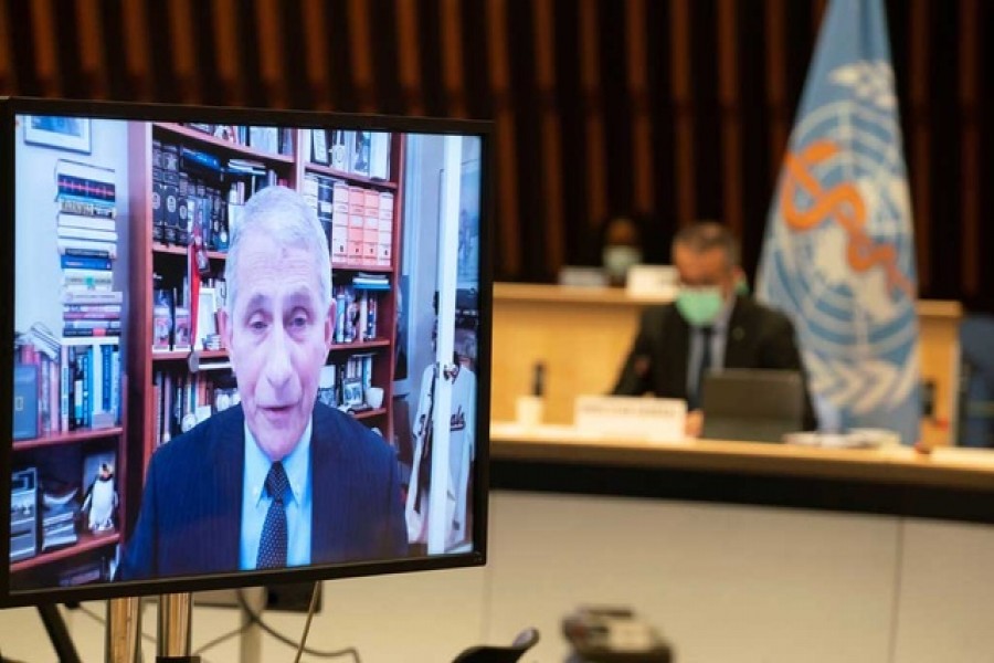 Dr Anthony Fauci, director of the National Institute of Allergy and Infectious Diseases speaks via video link during the 148th session of the Executive Board on the coronavirus disease (COVID-19) outbreak in Geneva, Switzerland, January 21, 2021. REUTERS