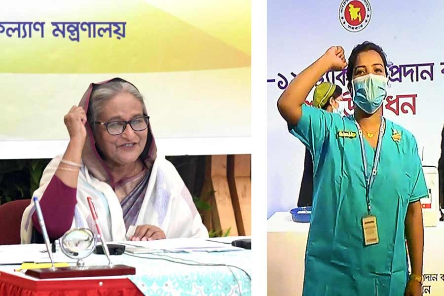 Prime Minister Sheikh Hasina inaugurating the COVID-19 vaccination programme through a videoconference from Ganabhaban on Wednesday –PID Photo