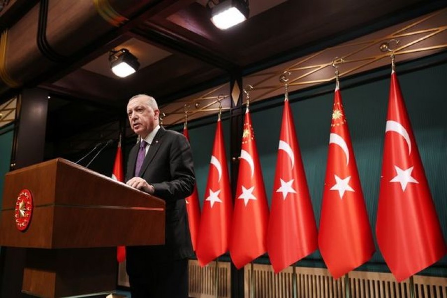 Turkish President Tayyip Erdogan speaks during a news conference following a cabinet meeting in Ankara, Turkey February 1, 2021. Presidential Press Office/Handout via REUTERS