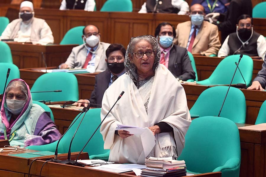 Prime Minister Sheikh Hasina delivering closing speech to the parliament's eleventh session on Tuesday -PID Photo