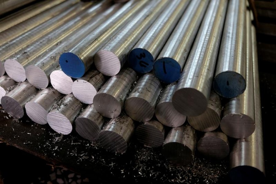 Aluminium bar stock is seen inside a factory in Dongguan, China on April 10, 2018 — Reuters/Files