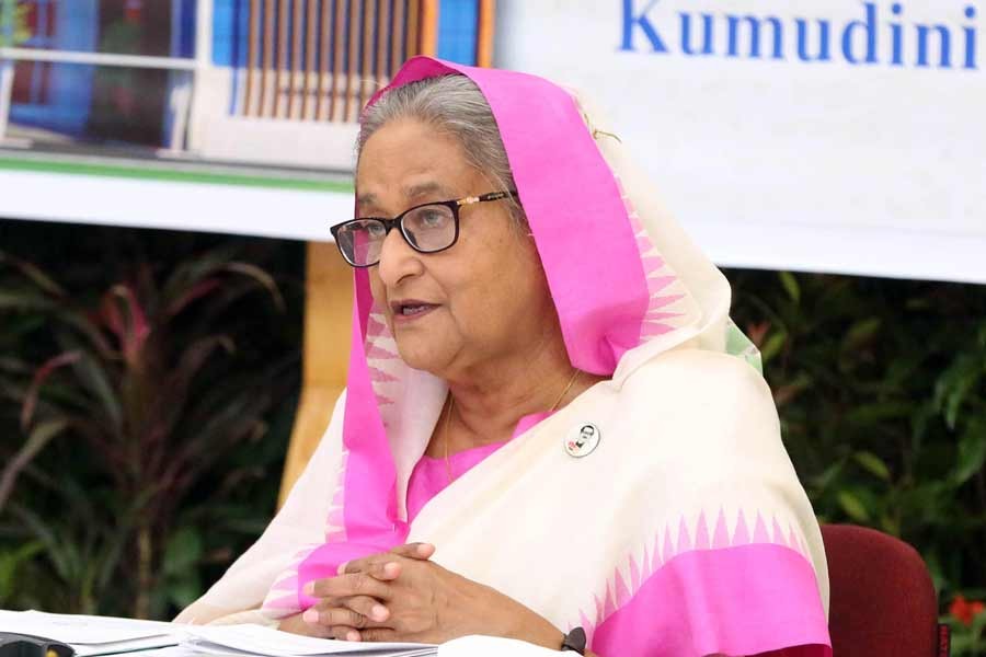 Prime Minister Sheikh Hasina addressing while laying the foundation stone of Kumudini International Institute of Medical Sciences and Cancer Research via videoconferencing on Sunday –PID Photo