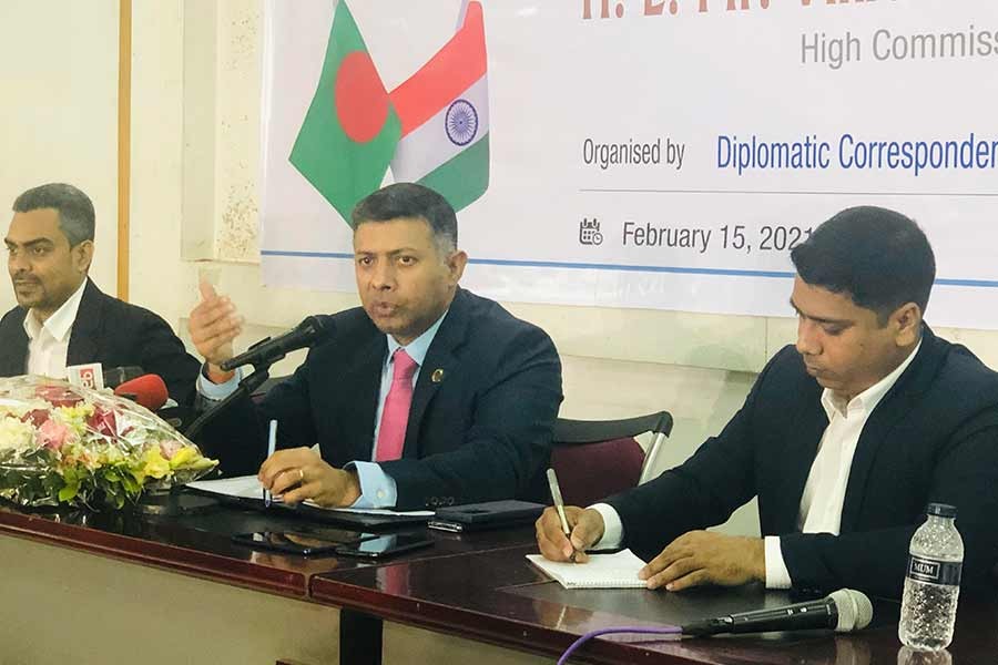 Indian High Commissioner Vikram Doraiswami speaking at the DCAB talk organised by Diplomatic Correspondent Association of Bangladesh (DCAB) at the National Press Club in Dhaka. -FE Photo