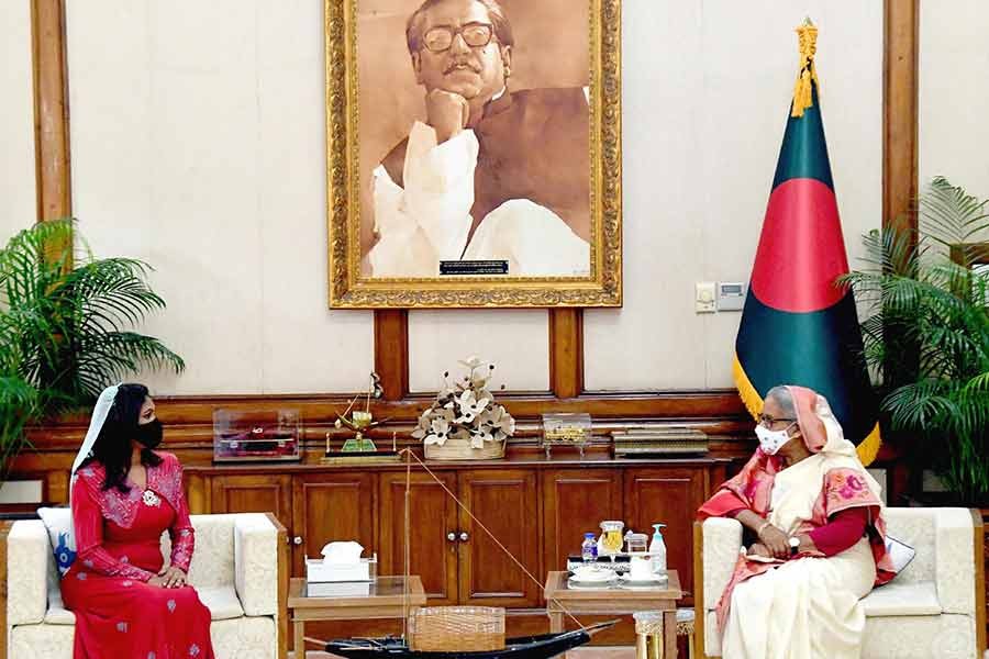 Newly-appointed High Commissioner of the Maldives to Bangladesh Shiruzimath Sameer meet Prime Minister Sheikh Hasina at Ganabhaban on Wednesday -PID Photo