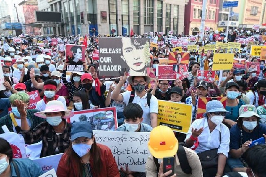 Demonstrators protest against the military coup in Yangon, Myanmar, February 17, 2021. REUTERS/Stringer