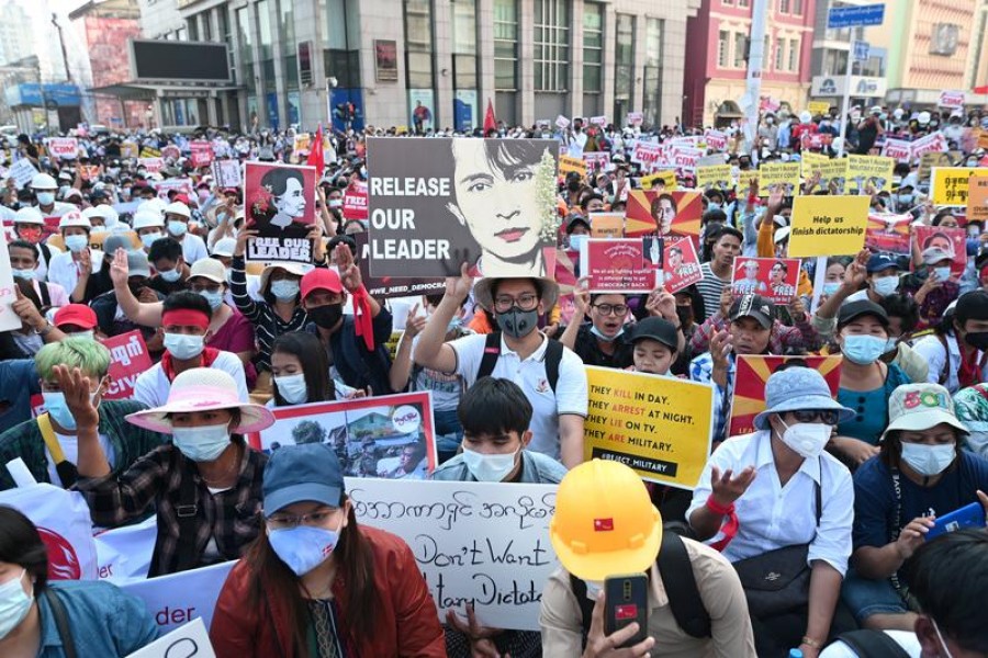 Demonstrators protest against the military coup in Yangon, Myanmar, February 17, 2021 — Reuters/Files