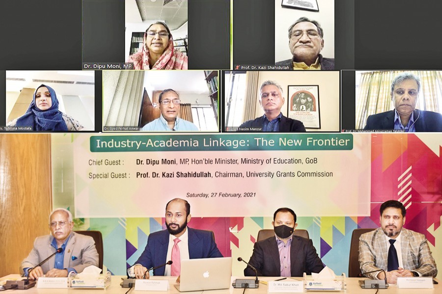 Education Minister Dr Dipu Moni (Top, left) and University Grants Commission Chairman Prof Dr Kazi Shahidullah (Top, right) attend as chief guest and special guest respectively the webinar styled 'Industry-Academia Linkage: The New Frontier' hosted by the Dhaka Chamber of Commerce and Industry (DCCI) on Saturday with DCCI President Rizwan Rahman (2nd from left, bottom) in the chair