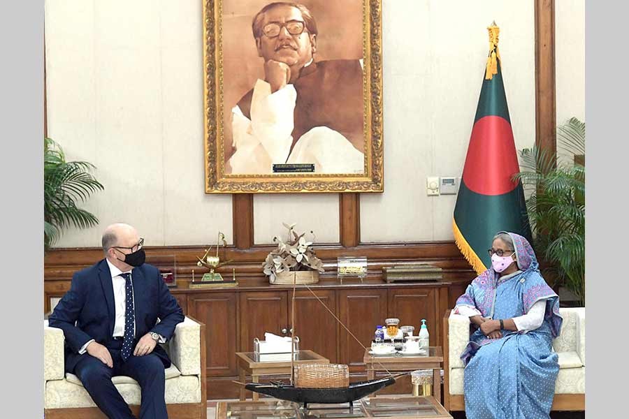 Newly-appointed Australian High Commissioner Jeremy Bruer meets Prime Minister Sheikh Hasina at Ganabhaban on Wednesday -PID Photo