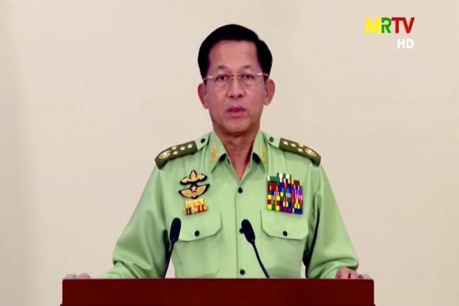 Myanmar's military junta leader, General Min Aung Hlaing, speaks in a media broadcast in Naypyitaw, Myanmar, February 8, 2021 in this still image taken from video — MRTV/Reuters TV via Reuters