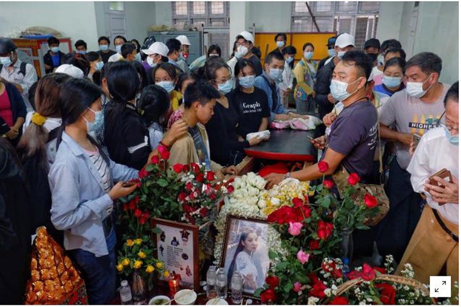 FILE PHOTO: People attend the funeral of Angel, 19-year-old protester also known as Kyal Sin who was shot in the head as Mynamar forces opened fire to disperse an anti-coup demonstration in Mandalay, Myanmar March 4, 2021. REUTERS/Stringer