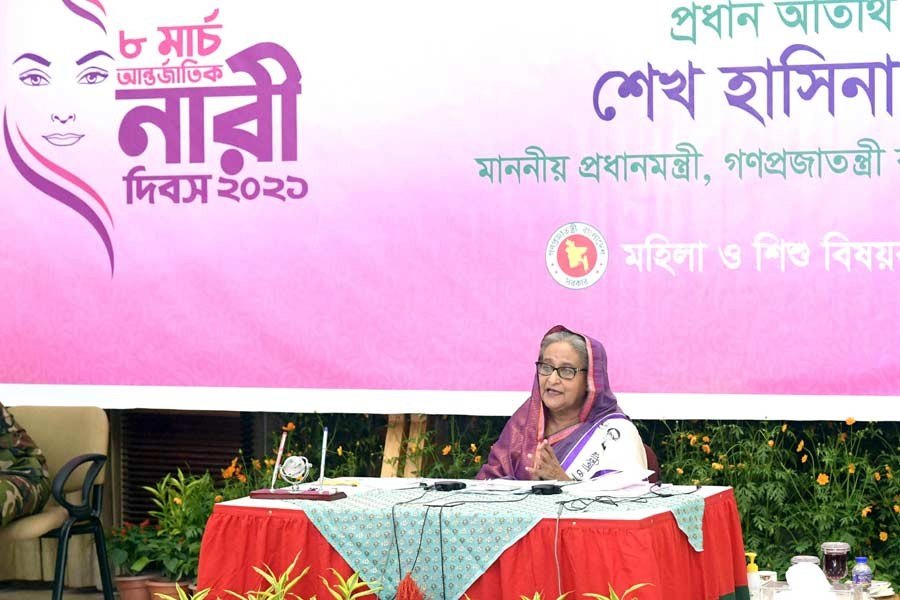 Prime Minister Sheikh Hasina addressing the inaugural function of the International Women's Day through a videoconference from Ganabhaban on Monday –PID Photo